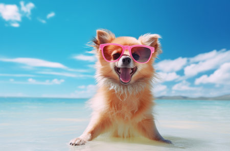 a dog wearing a pink hat and sunglasses on a beach.の素材