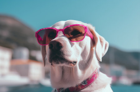 a dog wearing pink sunglasses in the sun.の素材