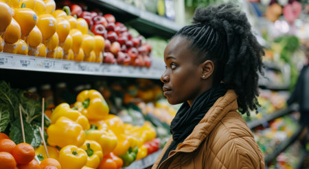 a black woman shopping at healthy food market.の素材
