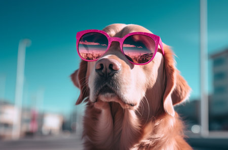 a dog wearing pink sunglasses in the sun.の素材