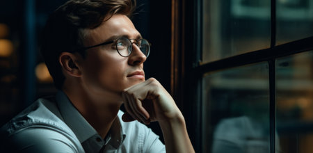 man in glasses resting his hand on chin in the window.の素材