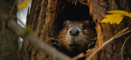 beavers peering through a camera hole.の素材
