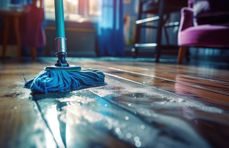 mopping floor with blue cloth.の素材