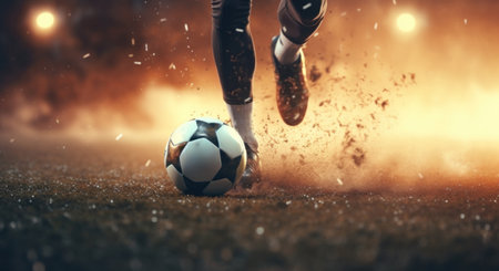 soccer player kicks a soccer ball in the air.の素材