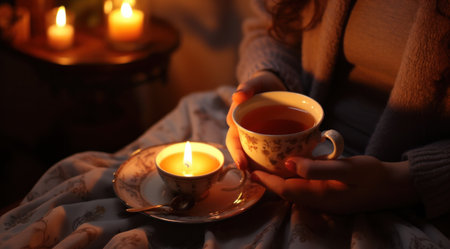 person holds cup of tea and cookies in the room with candles.の素材