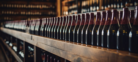 rows of wine bottles on racks in a cellar.の素材