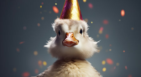 little duck wearing a party hat.の素材