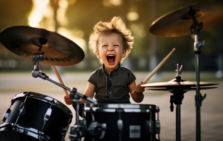 a young boy is playing drums in a rock concert.の素材