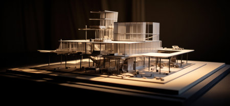 architectural model of a building on a large construction table.の素材
