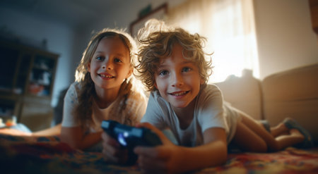 children playing a video game with a controller laying on a rug in a living room.の素材