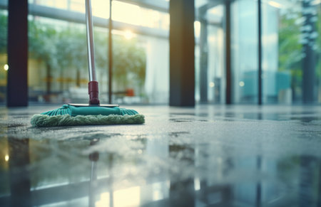 house cleaning in city with blue mop on top of glass.の素材