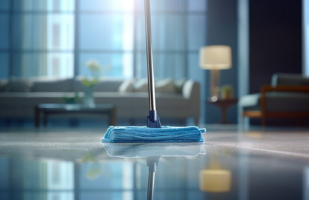 house cleaning in city with blue mop on top of glass.の素材