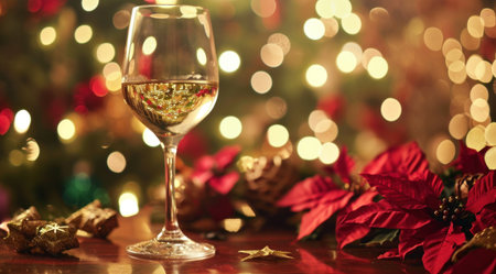 white wine glass on an ornamental table with Christmas themed flowers.の素材