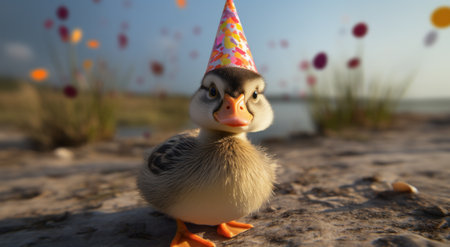 a small duck wearing a party hat.の素材