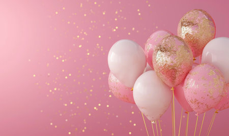 Valentine's day white gold glitter and pink balloons over a pink background.の素材