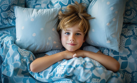 a little boy laying in bed with blue and white pillows around his head.の素材