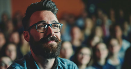 a man in glasses and a beard in front of a crowd.の素材