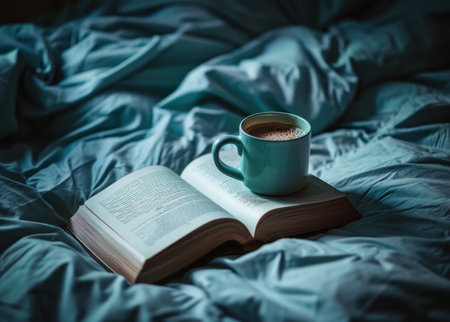 coffee cup, book on a bed.の素材