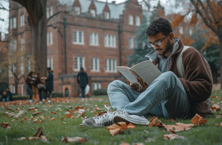 A man sitting on the grass, engrossed in reading a book.の素材