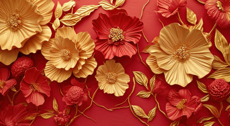 gold colored flowers in red and gold.の素材