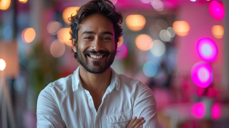 A man stands with a smile on his face, his arms crossed in front of him.の素材