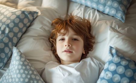 a little boy laying in bed with blue and white pillows around his head.の素材