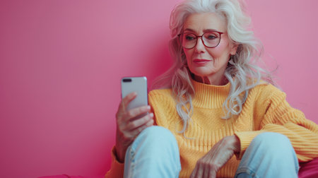 A woman is seated on a pink couch, holding a cell phone in her hands.の素材