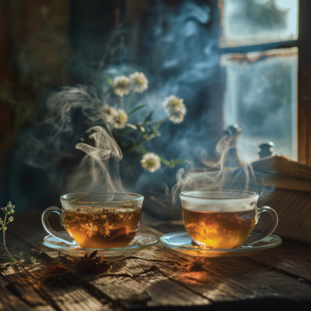 smoke tea and cold tea bowl together tea.の素材