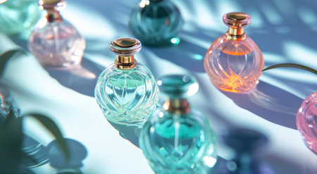 different perfume bottles are located on a blue background.の素材