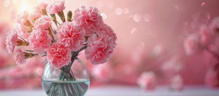 Bright pink carnations arranged in a glass vase against a pink backdrop.の素材