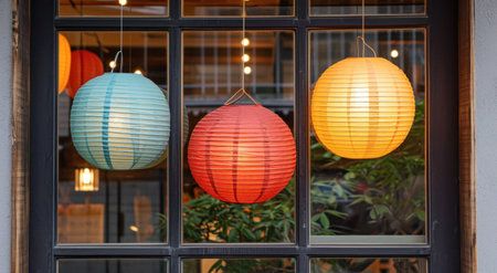 large paper lanterns from hung on lampshades in a window.の素材