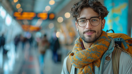 A man with glasses and a scarf around his neck stands in the photo.の素材