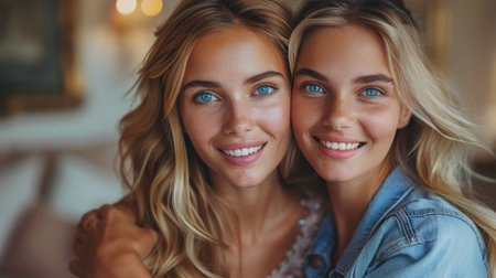 Two young women, one with long hair and the other with a bob haircut, stand side by side looking towards the camera.の素材