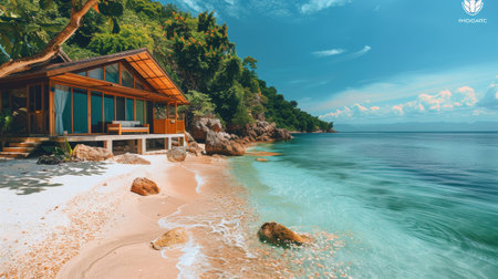 A sandy beach featuring a traditional hut surrounded by tall palm trees on a sunny day.の素材