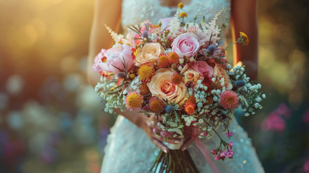 A bride stands holding a bouquet of flowers in her hands.の素材