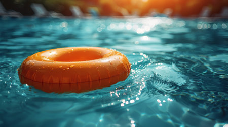 A yellow rubber ring floats in a pool of water. The water is clear and calmの素材