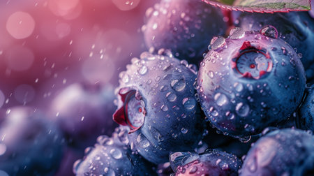A cluster of fresh blueberries resting on a vibrant green leaf.の素材