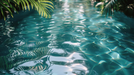A pool filled with water, surrounded by tall palm trees in the background on a sunny day.の素材