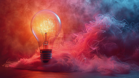 A bright light bulb stands out in the midst of swirling smoke against a vibrant red and blue backdrop.の素材