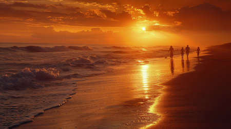 A group of people, walking along the sandy beach, with the sun setting in the background creating a warm orange glow over the horizon.の素材