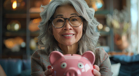 An older woman is seen holding a pink piggy bank in her hands.の素材