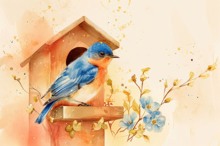 illustration of watercolor bird box with flowers and bluebird.の素材