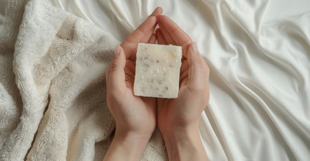 A hand firmly grips a small block of soap, showing the size and textures of the soap.の素材