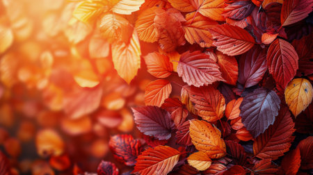 A cluster of vibrant leaves in various shades of red, orange, and yellow, hanging from a tree branch.の素材