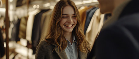 a woman smiling at someone in a store.の素材