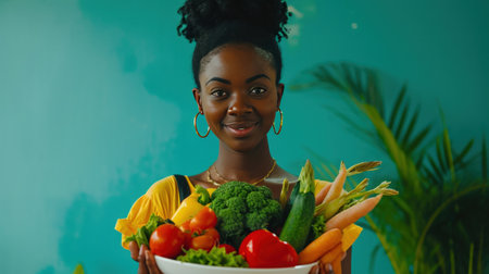 beautiful African American woman holds a bowl of fresh vegetables.の素材