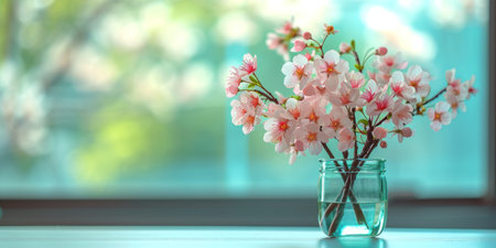 a clear container containing pink and white blossoms on a table in front of a bright window.の素材