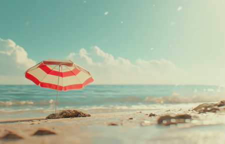 a beach scene with a red and white striped umbrella.の素材