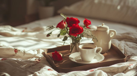 coffee and flowers sit on a tray on a bed.の素材