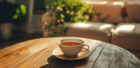 tea cup on top of a wooden table sitting near a couch.の素材